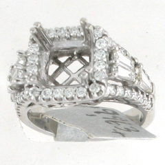 14k White Gold Semi Mount Round Cut Diamonds with Three Diamond Baguettes Halo Split Shank Ring 1.43 Ctw 