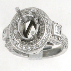 14k White Gold Semi Mount Round Cut Diamonds Double Halo with Two Side Princess Cut Diamonds Ring 1.05 Ctw 
