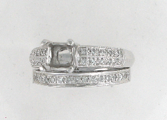 14k White Gold Semi Mount Round Cut Diamonds Wedding Ring and Band Set 0.58 Ctw 