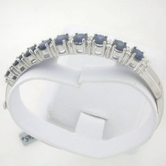 14k White Gold Blue Sapphire and Round Diamonds Bangle Bracelet