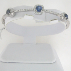 14k White Gold Round Blue Sapphires and Round Diamonds Bangle Bracelet