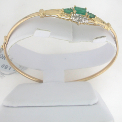 14k Yellow Gold Emerald Color Stone and Round Diamonds Bangle Bracelet