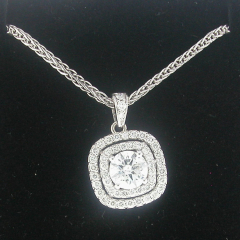 14k White Gold Round Center Stone Double Halo Pendant Necklace