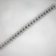 14k White Gold 7.25" Oval Shape Sapphires and Round Cut Diamonds Bracelet