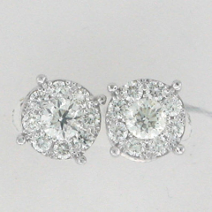 14k White Gold Round Cut Diamond Invisible Screw Back Stud Cluster Earrings