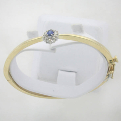 14k Yellow Gold Marquise Shape Blue Sapphire Round Diamond Halo Bangle Bracelet