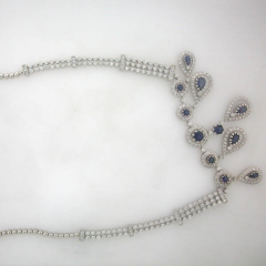 14k White Gold 16" Round and Pear Blue Sapphires Diamond Halo Necklace 