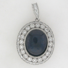 14k White Gold Oval Shape Blue SapphireCenter Stone Double Halo Pendant  with Diamond Veil