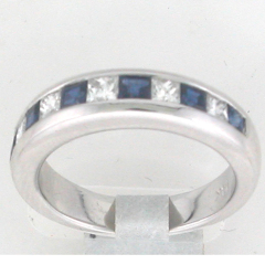 14k White Gold Diamond Princess and Blue Sapphires Channel Set Anniversary Band 