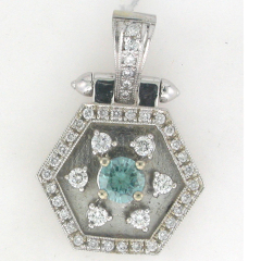 14k White Gold Blue Diamond Center Stone Diamond Pendant with Diamond Veil