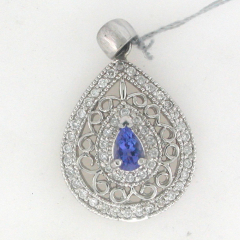 14k White Gold Pear Shape Tanzanite Diamond Halo Pendant with Veil 