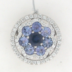 14k White Gold Blue Sapphire Center Stone and Tanzanite Diamond Halo Pendant 