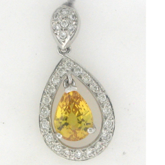 14k White Gold Pear Yellow Sapphire Center Stone Diamond Halo with Diamond Veil 