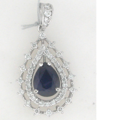 14k White Gold Pear Blue Sapphire Center Stone Double Halo Pendant with Diamond Veil