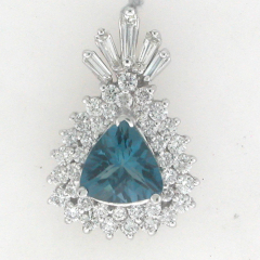 14k White Gold Trillion London Blue Topaz Double Halo and Baguette Pendant 