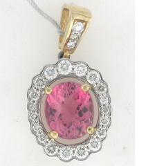 14k Two Tone Oval Pink Tourmaline Center Stone Diamond Halo Pendant with Diamond Veil