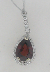 14k White Gold Pear Rodiolite Center Stone Diamond Halo Pendant with Diamond Veil 
