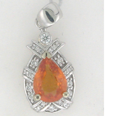 14k White Gold Pear Mandarin Garnet Diamond Halo Pendant with Veil