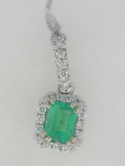 14k White Emerald Color Stone Center Stone Diamond Halo with Diamond Veil Pendant 