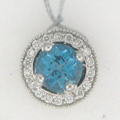 14k White Gold Blue Topaz Center Stone Diamond Halo Pendant 