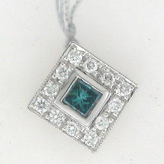 14k White Princess Blue Diamond Bezel Set Diamond Pendant