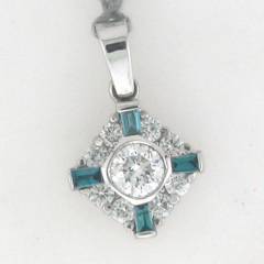 14k White Gold Round Diamond Center Stone Bezel Set  with Round Diamond and Blue Diamond Baguettes Pendant 