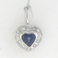 14k White Gold Heart Shaped Blue Sapphire Diamond Halo with Veil Pendant 