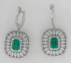 14k White Gold Emerald Color Stone Center Stone Double Halo Diamonds with Diamond Leverback Earrings