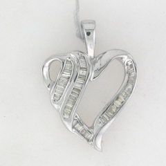 14k White Gold Heart Shape Diamond Bageutte Channel Set Pendant 