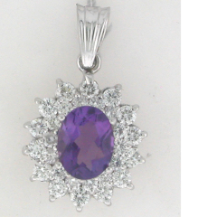 14k White Gold Amethyst Center Stone Double Diamond Halo with Veil Pendant 