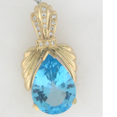 14k Yellow Gold Blue Topaz Center Stone Diamond Pendant 