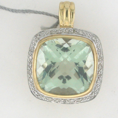 14k Two Tone Green Amethyst Diamond Halo with Veil Pendant 