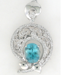 14k White Gold Blue Zircon Center Stone Diamond with Veil Pendant 