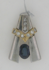 14k Two Tone Blue Sapphire and Round Diamonds Pendant 
