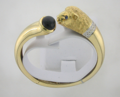18k Two Tone Ram's Head with Sapphire Eyes with Round Cluster Diamonds and Onyx Bangle 0.65 Ctw