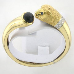 18k Two Tone Ram's Head with Sapphire Eyes with Round Cluster Diamonds and Onyx Bangle 0.65 Ctw