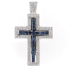 14k Blue Sapphire and Diamond Cross Pendant 1.95 Cts