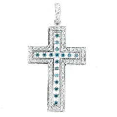 14k Fancy Blue and White Diamond Cross Pendant 1.86 Cts
