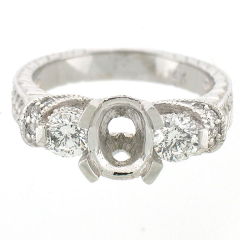 14k Antique Style 3-Stone Semi-Mount Diamond Ring 0.82 Cts.