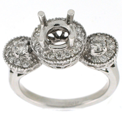 14k Antique Style 3-Stone Semi-Mount Diamond Ring 1.07 Cts.